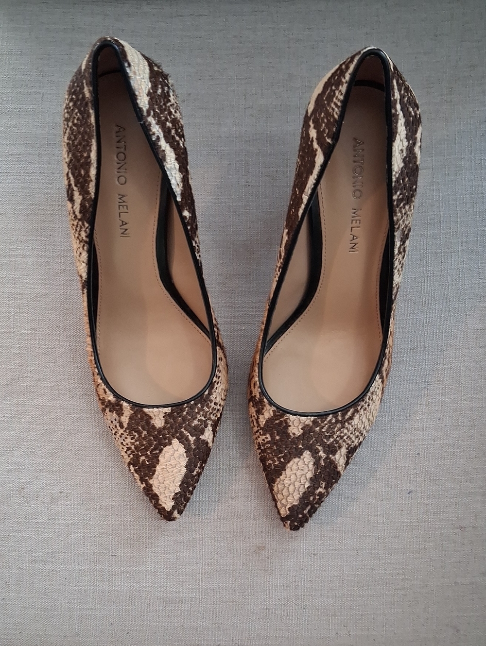 ANTONIO MELANI Brown and Cream Snake-Print Pointed-Toe Pumps